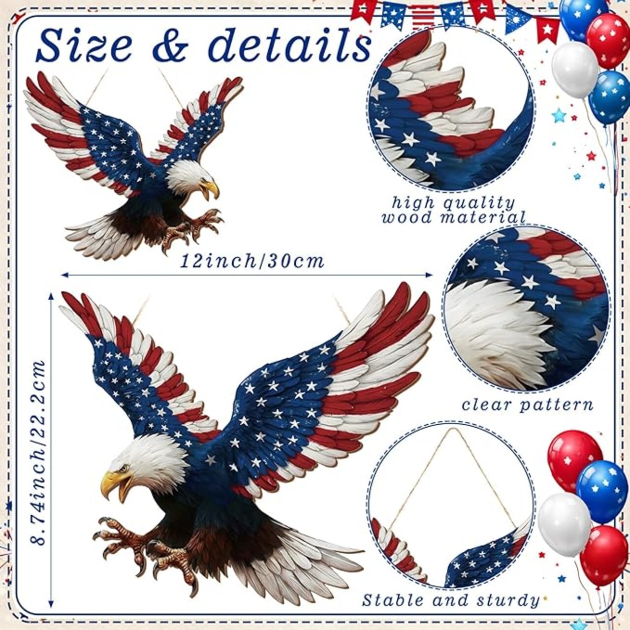 2 Pcs Patriotic Eagle Door Wreaths, 4th of July Wooden Hanging Signs, 250th Anniversary Eagle Wall Plaques for Memorial Day, Indoor Outdoor Americana Decor